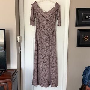 Mother of the Groom Oleg Cassini Mauve Lace Off the Shoulder 3/4 Sleeve Dress